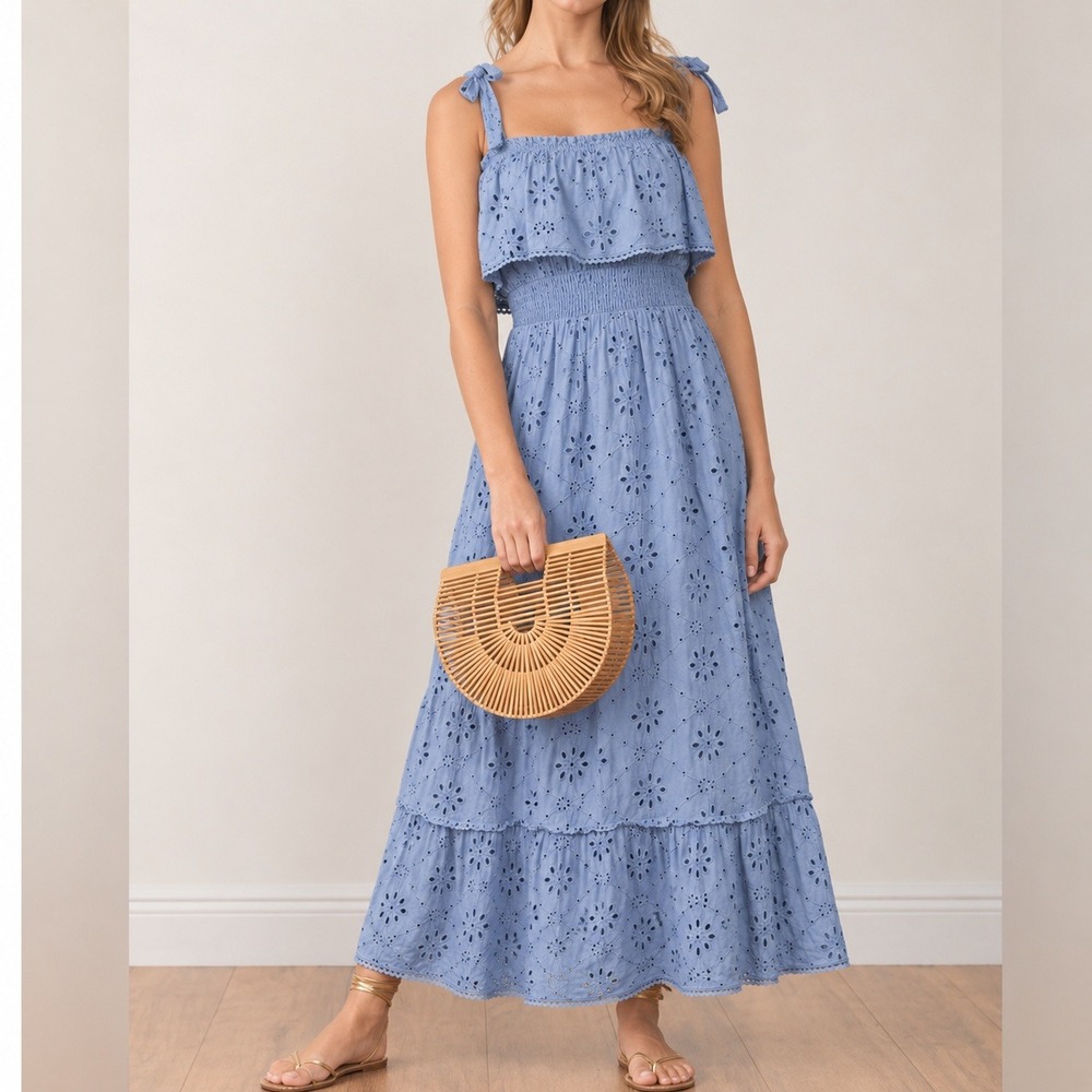 UNE ÂME Eyelet Tie Shoulder Smocked Tiered Midi Dress Blue Sz M